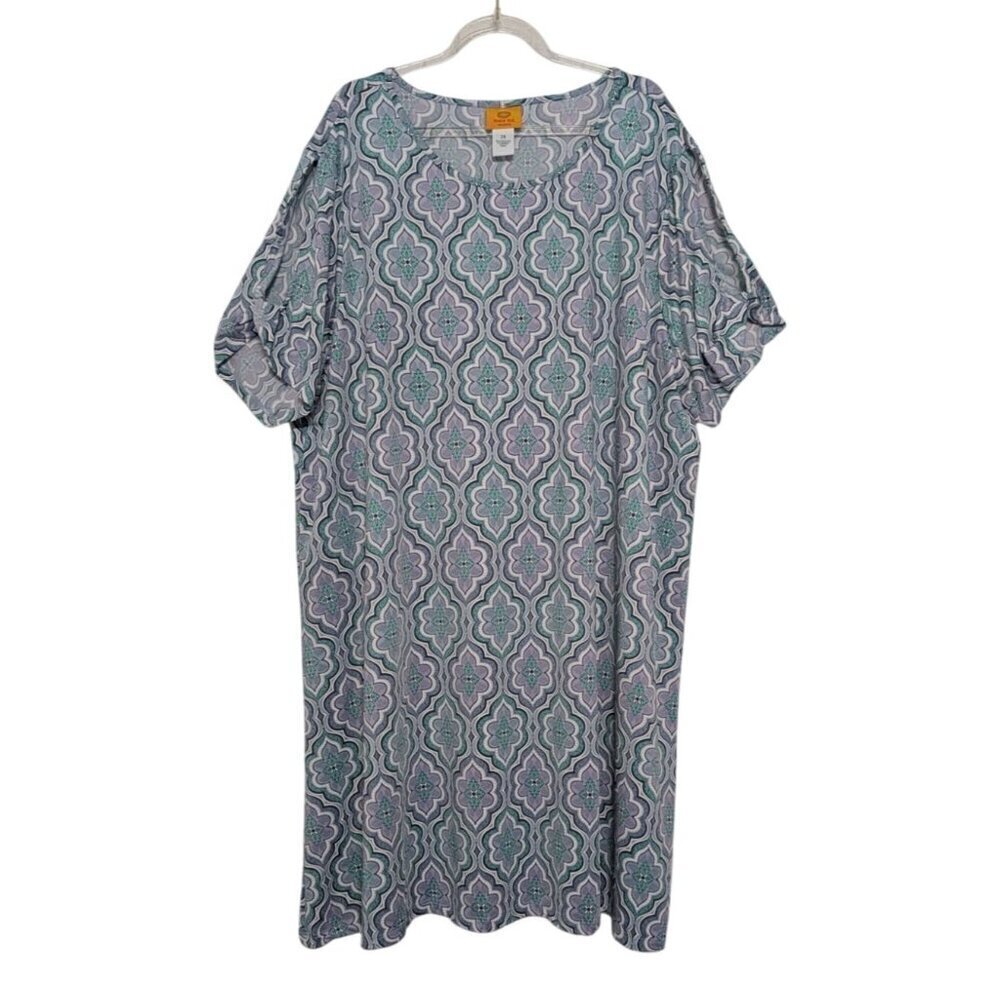 Ruby Rd Geometric Dress Womens Size 2X Blue Open Sleeve Quatrefoil Stretch